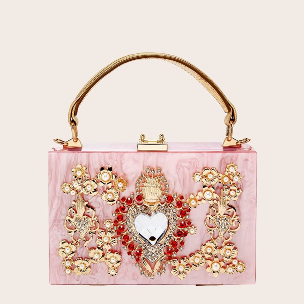 

Metal & Rhinestone Decor Box Bag, Pink