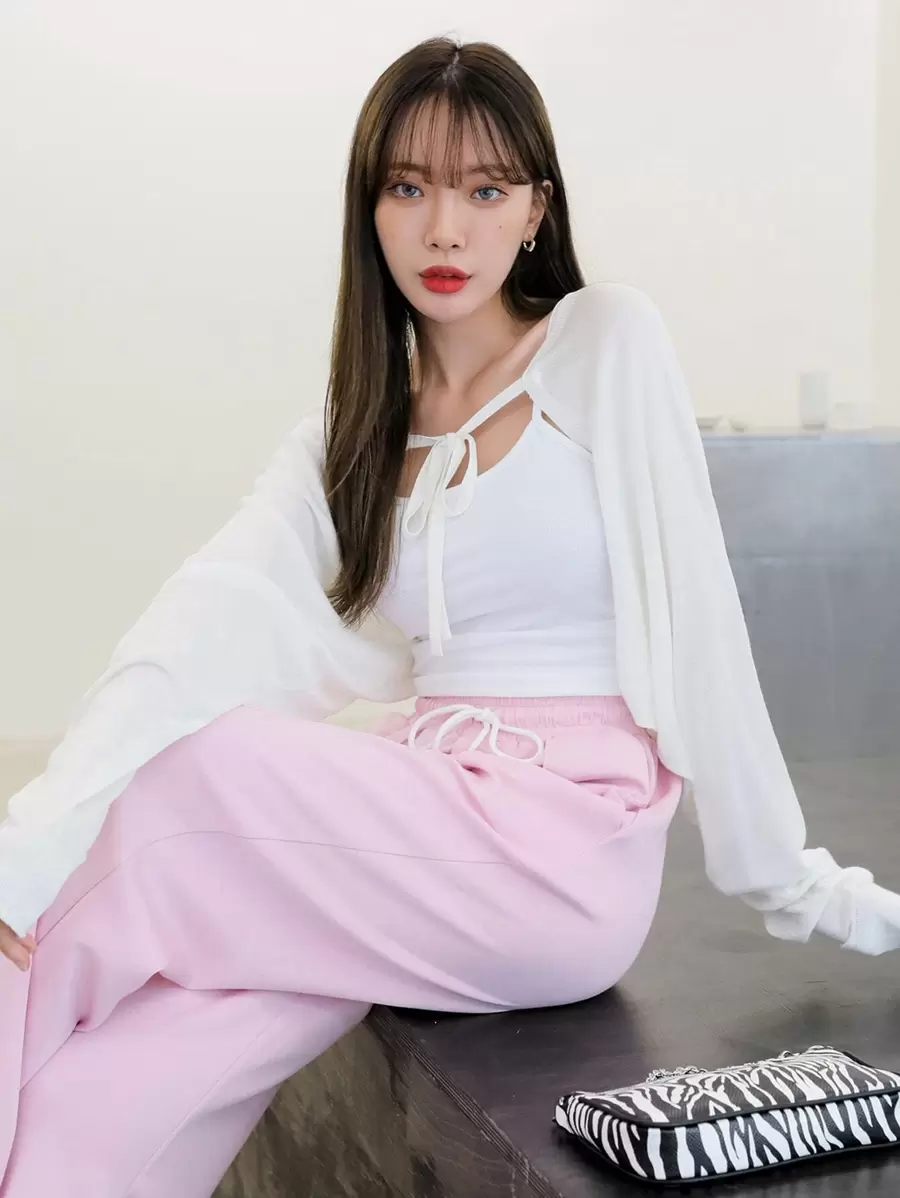 DAZY 素色繫帶開衫 - 白色 - 查看 1