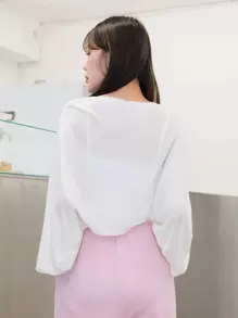 DAZY 素色繫帶開衫 - 白色 - 查看 2