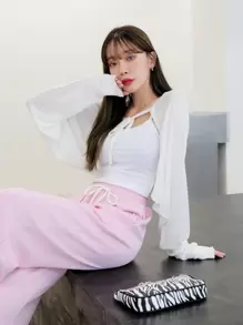 DAZY 素色繫帶開衫 - 白色 - 查看 5