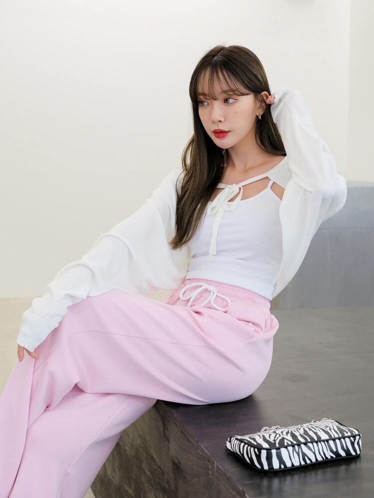 DAZY 素色繫帶開衫 - 白色 - 查看 7