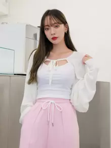 DAZY 素色繫帶開衫 - 白色 - 查看 8