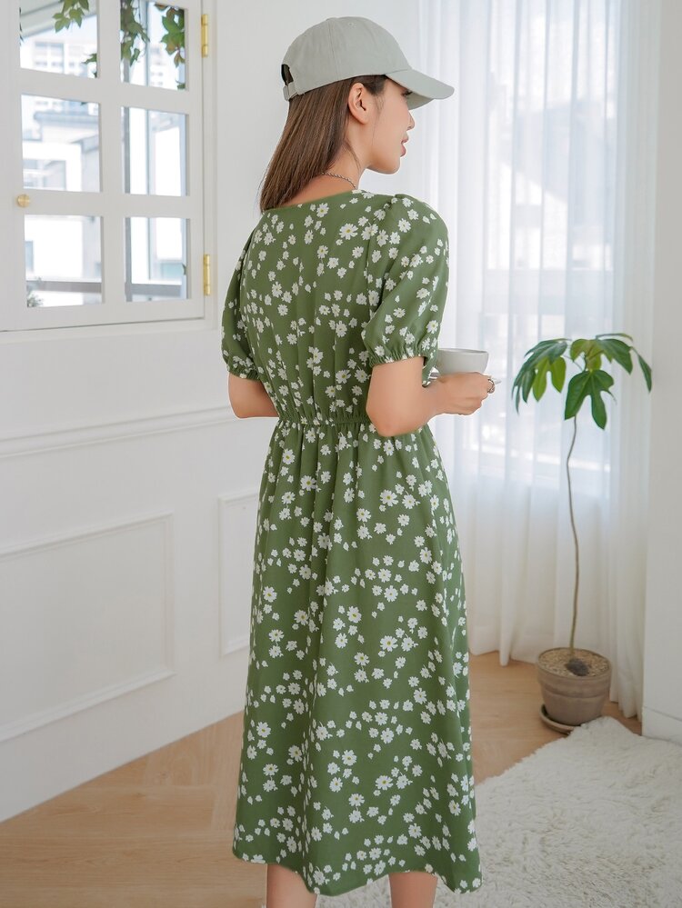 DAZY Váy tay phồng in hoa Ditsy - xanh quân đội - Xem 2