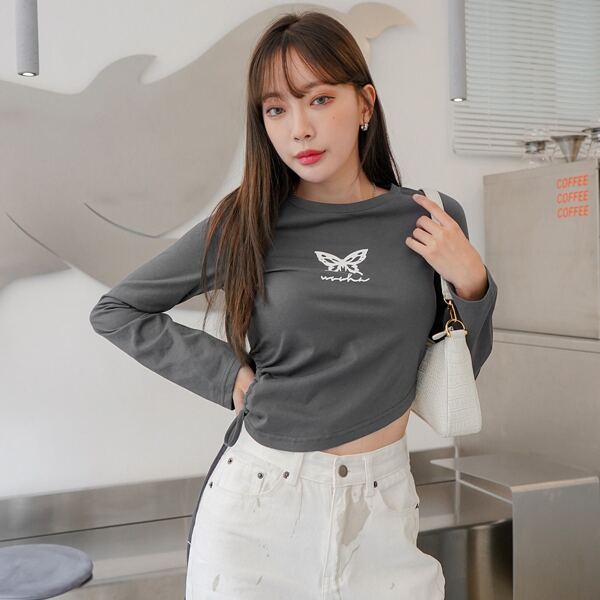

Letter & Butterfly Print Cut Out Knot Side Tee, Dark grey