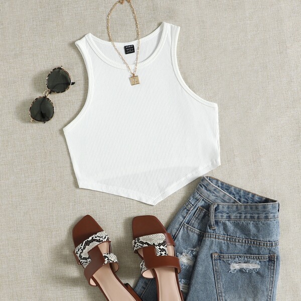 

Asymmetrical Hem Rib-knit Tank Top, White