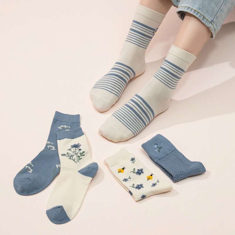 

5pairs Floral Pattern Crew Socks, Multicolor