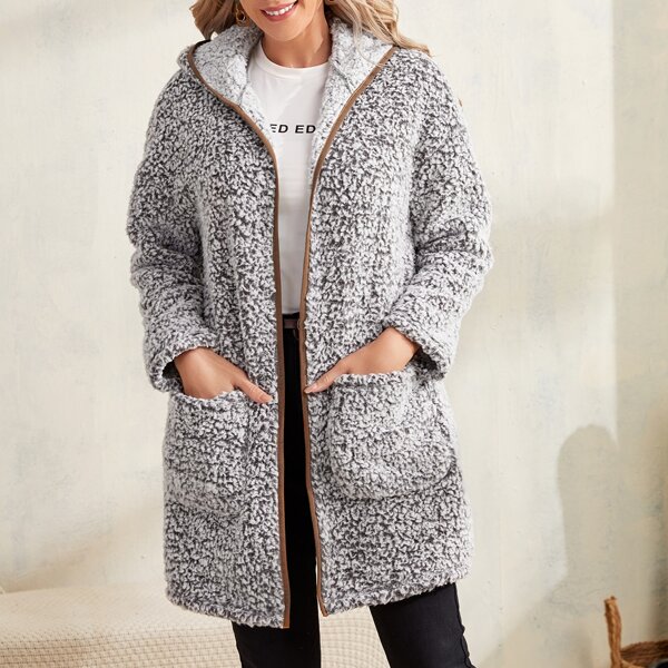 

Contrast Binding Pocket Front Drop Shoulder Hooded Flannel Coat, Grey