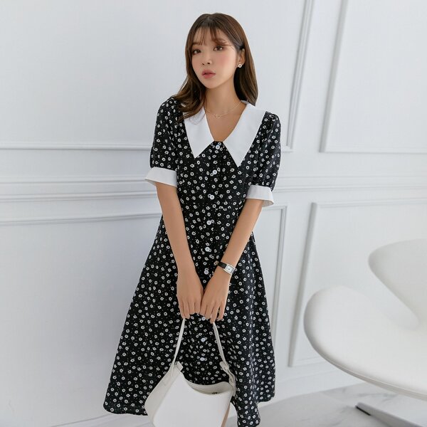 

Ditsy Floral Puff Sleeve Peter-pan Collar Single Breasted Dress, Black