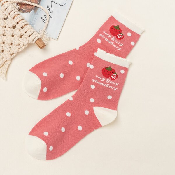 

Strawberry Pattern Crew Socks, Multicolor