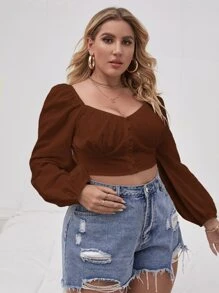 Plus Solid Ruched Bust Top - Coffee Brown - View 6