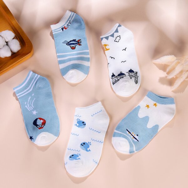 

5pairs Animal Pattern Ankle Socks, Blue and white