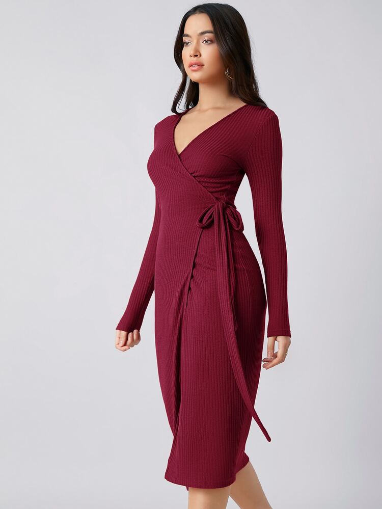 BizChic Vestido con cinturón tejido de canalé cruzado ropa de trabajo - Burdeos - Añade 3