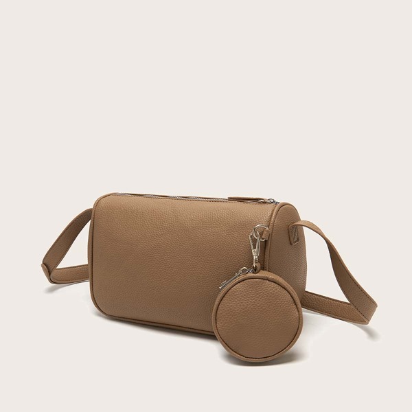 

Litchi Embossed Boston Bag With Coin Case, Brown
