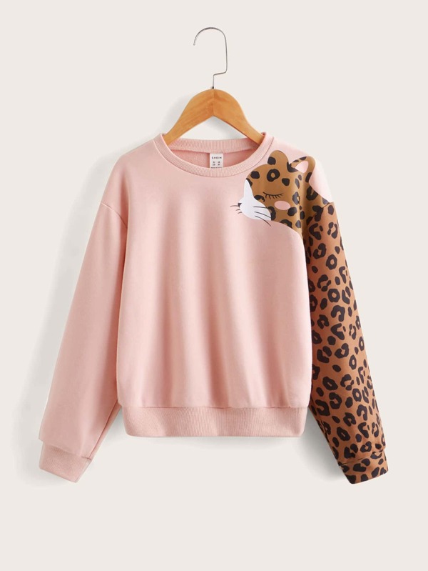 SHEIN Tween Girl Casual Leopard Print Long Sleeve Sweatshirt Suitable For Autumn And Winter