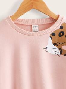 SHEIN 青少年女孩休閒豹紋長袖運動衫,適合秋冬季 - 淺粉色 - 查看 4