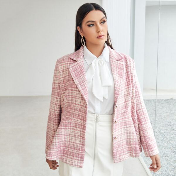 

Plus Plaid Lapel Collar Peplum Overcoat, Baby pink
