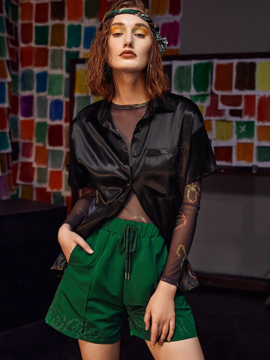 Weims Graphic Print Drawstring Waist Shorts - Dark Green - View 1