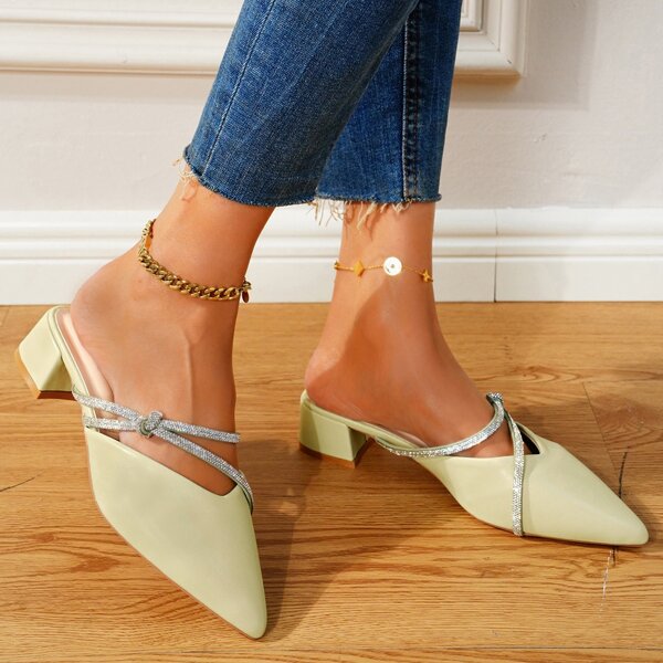 

Rhinestone Decor Point Toe Mules, Green