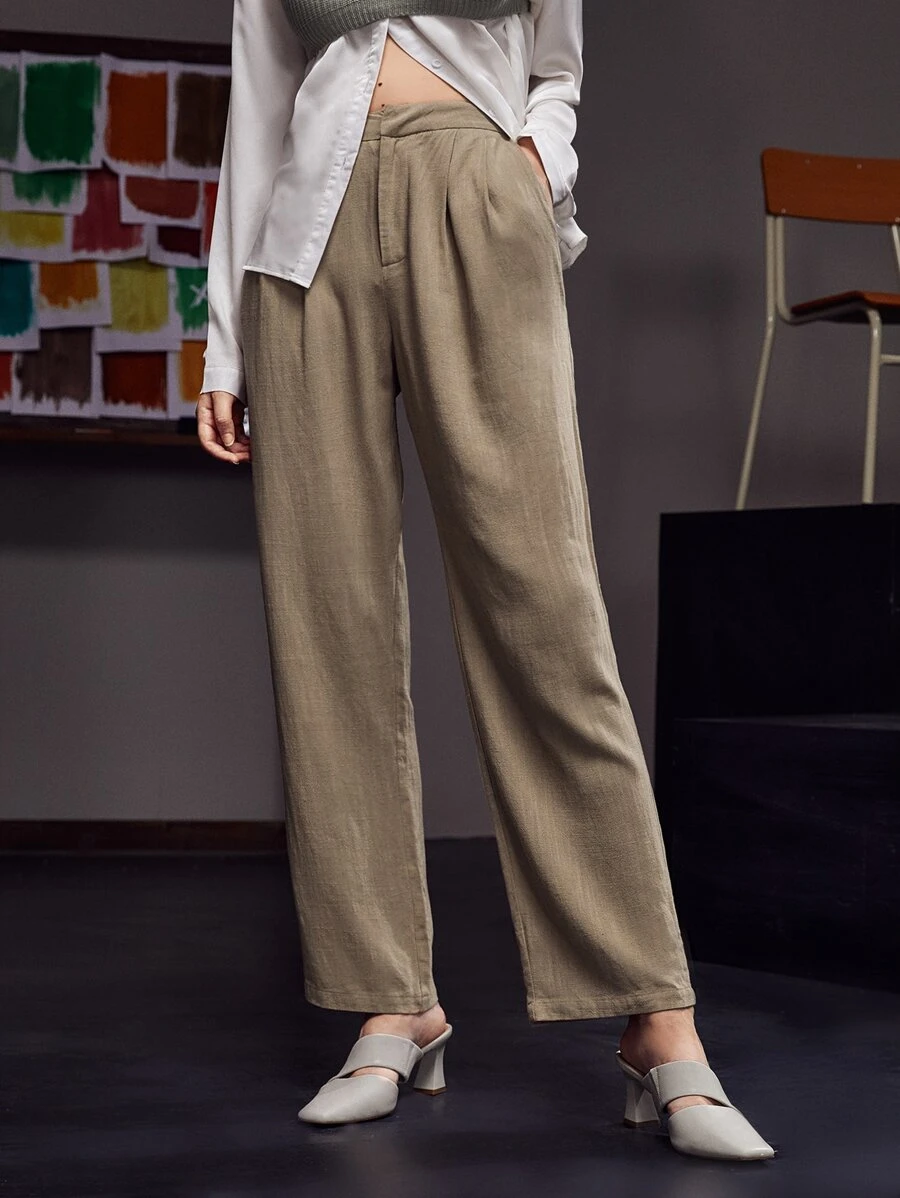 Dulcè High Waist Plicated Slant Pockets Trousers - Camel - View 1