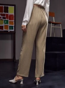 Dulcè High Waist Plicated Slant Pockets Trousers - Camel - View 2