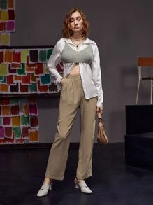 Dulcè High Waist Plicated Slant Pockets Trousers - Camel - View 3