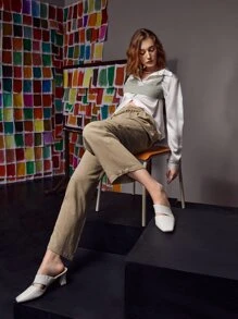 Dulcè High Waist Plicated Slant Pockets Trousers - Camel - View 4