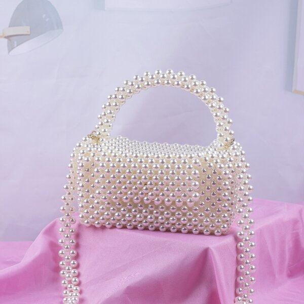

Minimalist Faux Pearl Beaded Satchel Bag, Beige