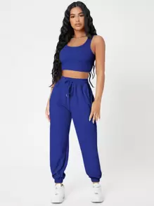 SHEIN PETITE 素色短背心和慢跑褲套裝 - 寶藍色 - 查看 1