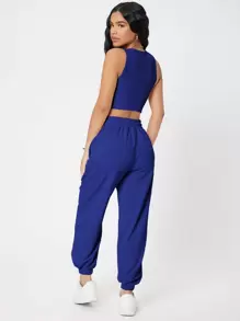 SHEIN PETITE 素色短背心和慢跑褲套裝 - 寶藍色 - 查看 2