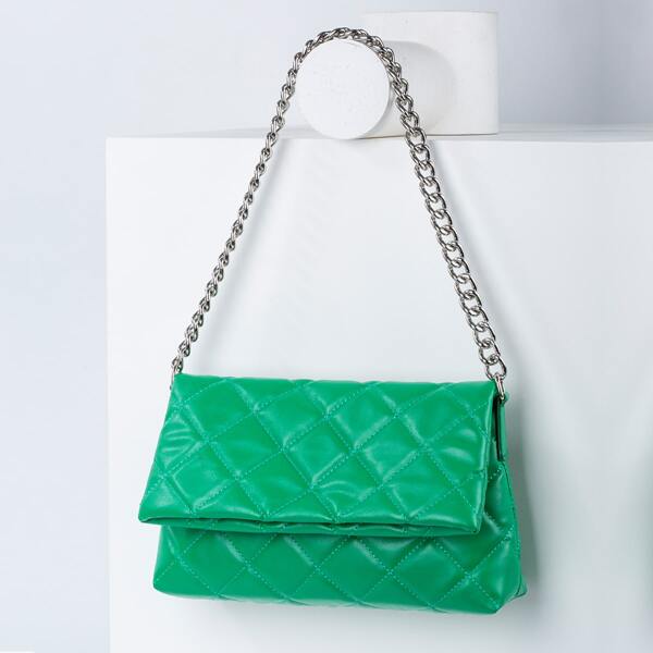 

Minimalist Quilted Chain Shoulder Bag, Green