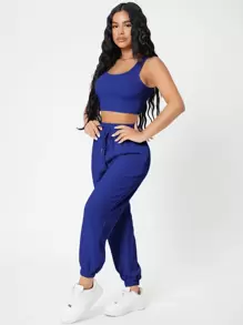 SHEIN PETITE 素色短背心和慢跑褲套裝 - 寶藍色 - 查看 5