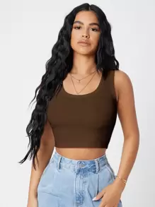 SHEIN PETITE Áo hai dây Gân đan màu trơn Giải trí - Cà phê nâu - Xem 1