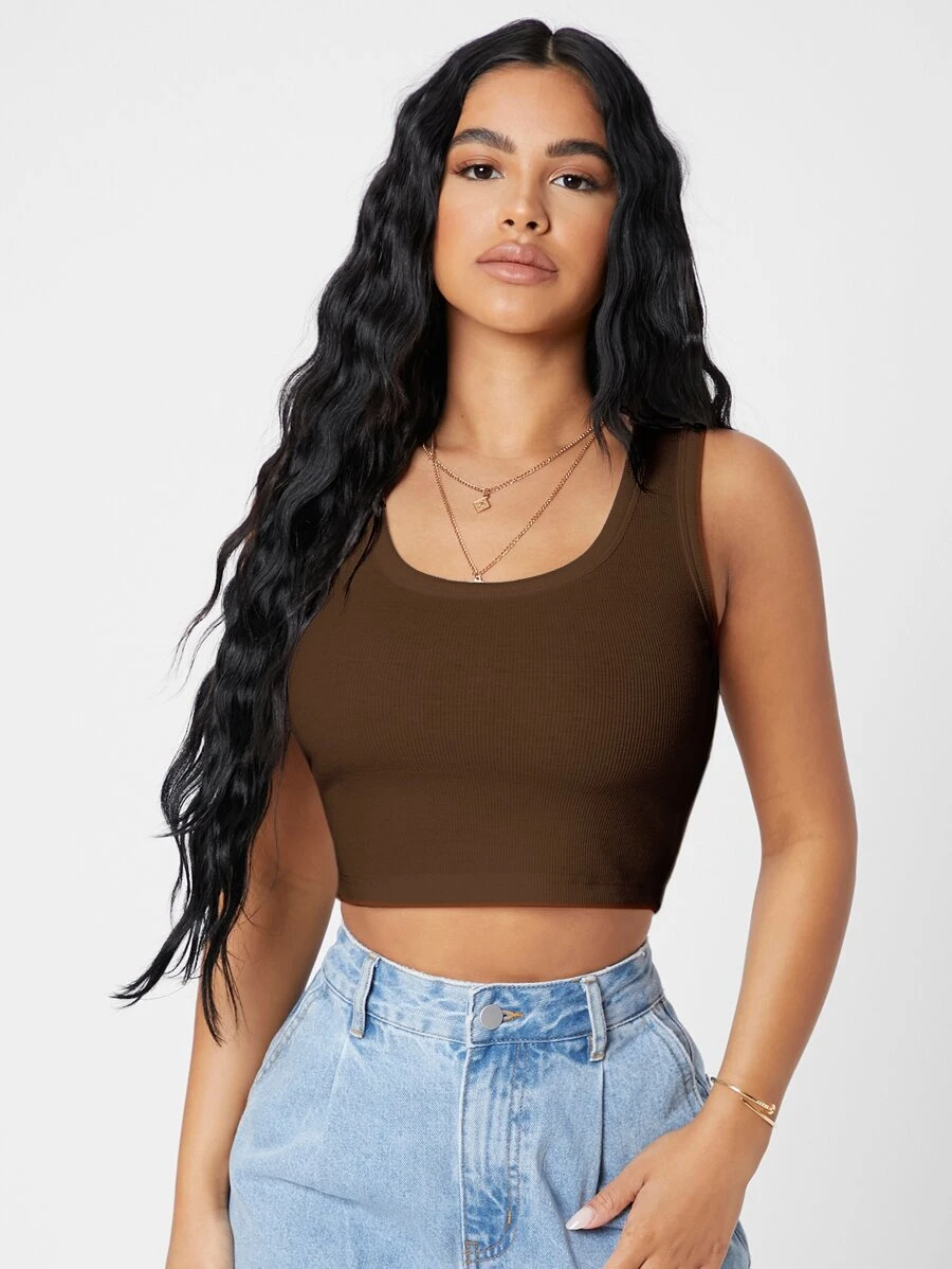 SHEIN PETITE Áo hai dây Gân đan màu trơn Giải trí - Cà phê nâu - Xem 1