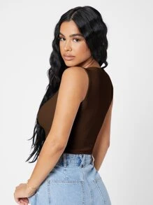 SHEIN PETITE Áo hai dây Gân đan màu trơn Giải trí - Cà phê nâu - Xem 2