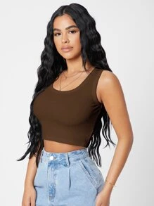 SHEIN PETITE Áo hai dây Gân đan màu trơn Giải trí - Cà phê nâu - Xem 3