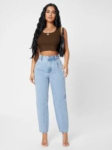 SHEIN PETITE Áo hai dây Gân đan màu trơn Giải trí - Cà phê nâu - Xem 4