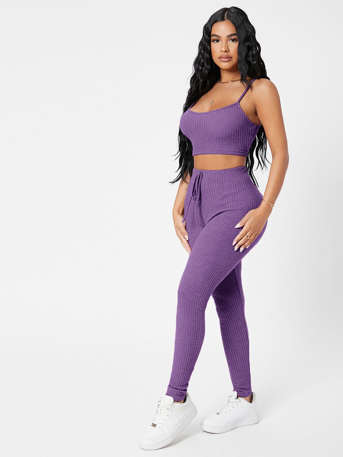 SHEIN PETITE Waffle Knit Cami Top And Leggings Set - Purple - View 1