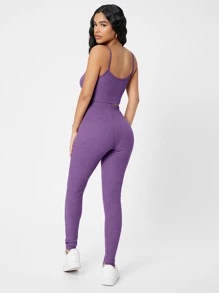 SHEIN PETITE Waffle Knit Cami Top And Leggings Set - Purple - View 2
