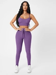 SHEIN PETITE Waffle Knit Cami Top And Leggings Set - Purple - View 3