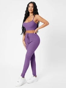 SHEIN PETITE Waffle Knit Cami Top And Leggings Set - Purple - View 4