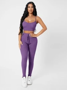 SHEIN PETITE Waffle Knit Cami Top And Leggings Set - Purple - View 5