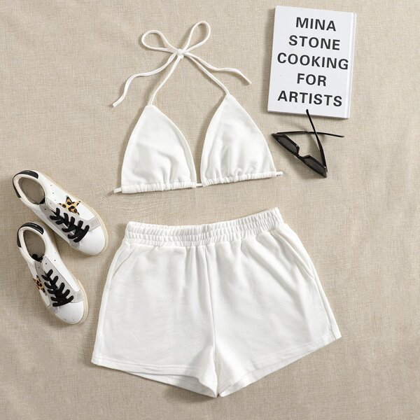 

Tie Back Triangle Halter Top & Shorts Set, White