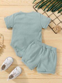 男嬰紐扣領連身背心帶前蝴蝶結短褲 - 薄荷綠 - 查看 2