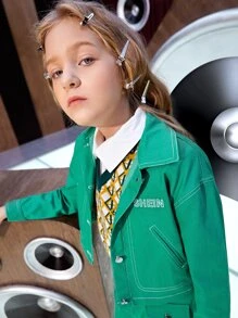 SHEIN Girls Letter Embroidery Top-stitching Jacket - Green - View 3