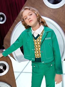 SHEIN Girls Letter Embroidery Top-stitching Jacket - Green - View 4