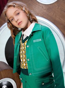 SHEIN Girls Letter Embroidery Top-stitching Jacket - Green - View 1