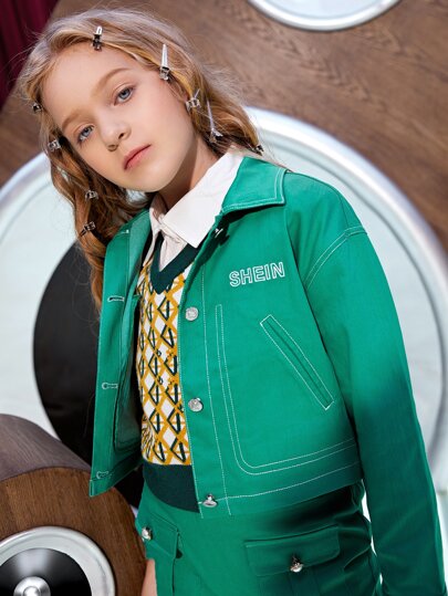 SHEIN Girls Letter Embroidery Top-stitching Jacket