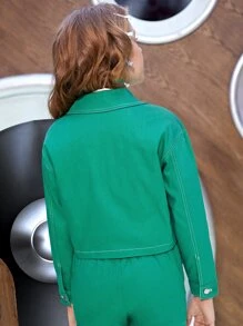 SHEIN Girls Letter Embroidery Top-stitching Jacket - Green - View 6