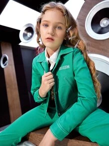 SHEIN Girls Letter Embroidery Top-stitching Jacket - Green - View 8