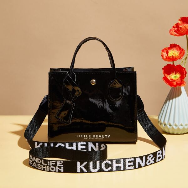 

Letter Graphic Satchel Bag, Black